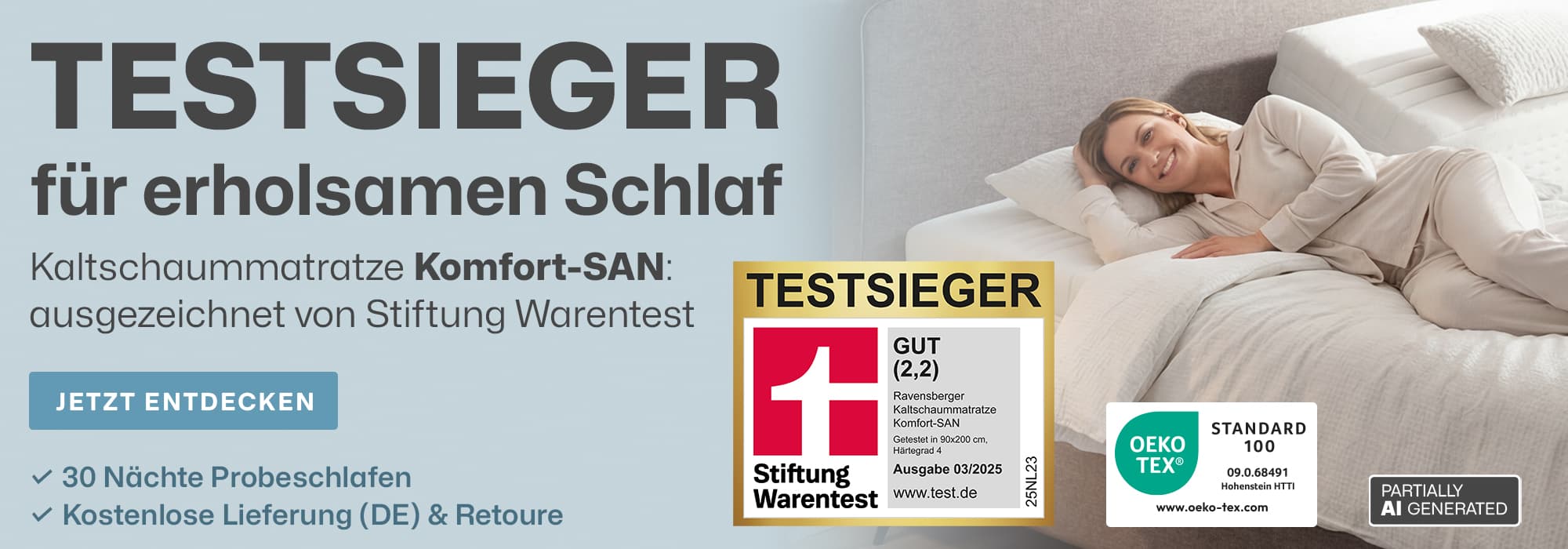 Komfort-SAN Matratze - Testsieger Stiftung Warentest – Note 2,2 (Ausgabe 3/2025, getestet: 90x200 cm, Härtegrad H4)